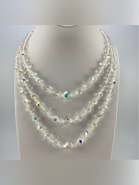 Vintage Aurora Borealis Crystal Bead Necklace Triple Strand Sparkle
